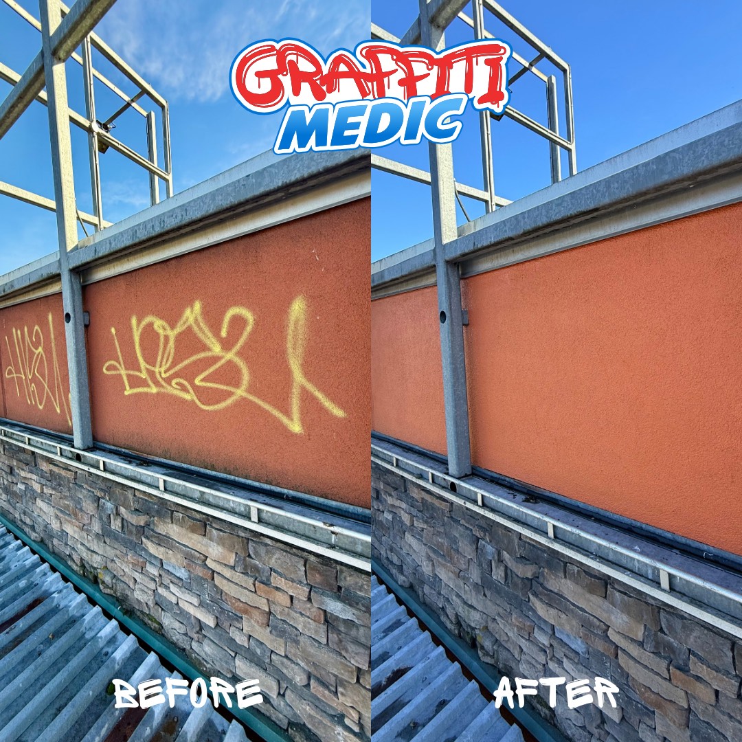 Graffiti removal before and after on a stucco wall in Vancouver
