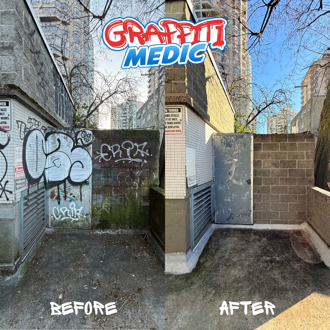 Spray paint tag removed from a commercial building in Metro Vancouver