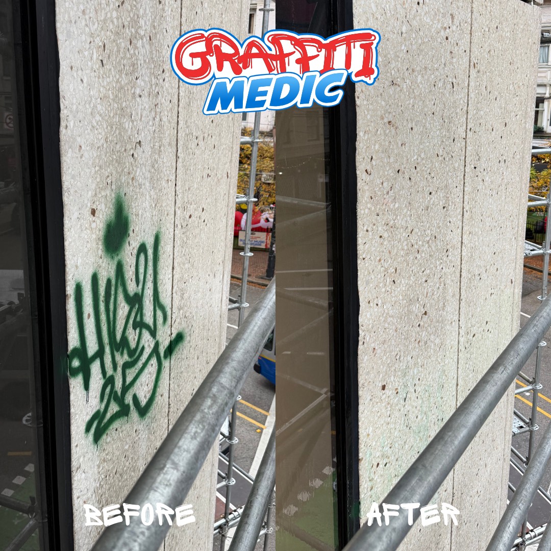 Graffiti removed from a concrete pillar and glass storefront in downtown Vancouver