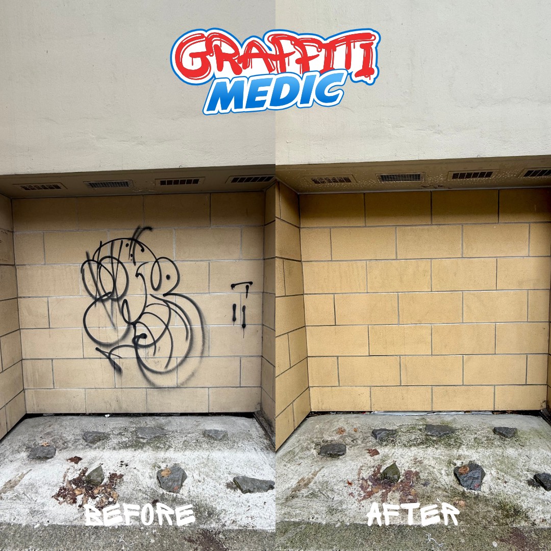 Graffiti removal before and after on brick in Burnaby