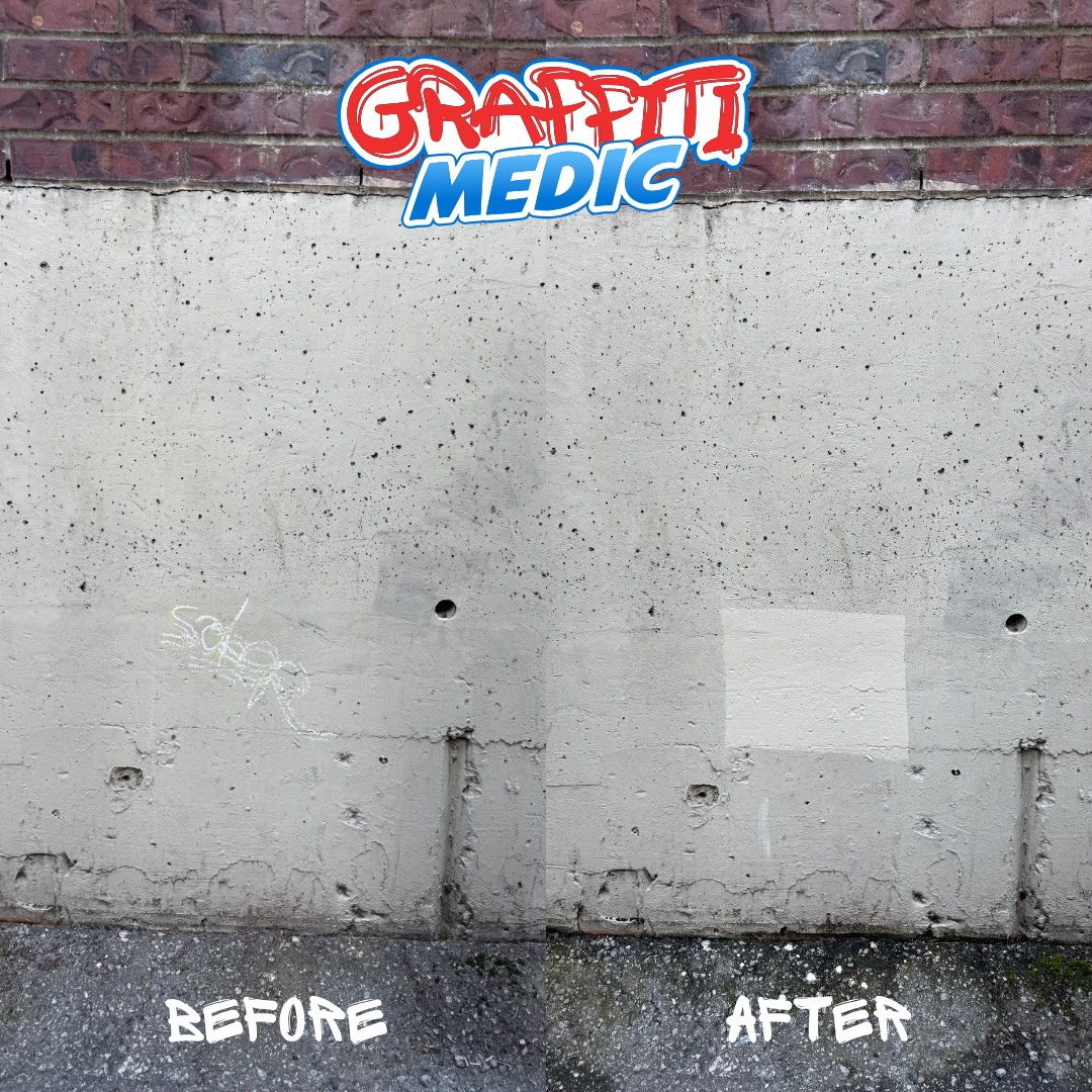 Graffiti removed from a concrete retaining wall in Metro Vancouver